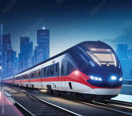 Modern high speed red commuter train at the railway station at sunset
