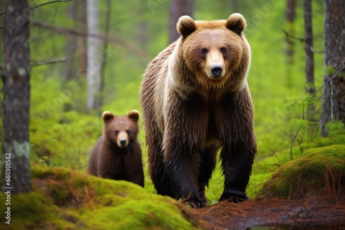 large bear with small cub in a forest