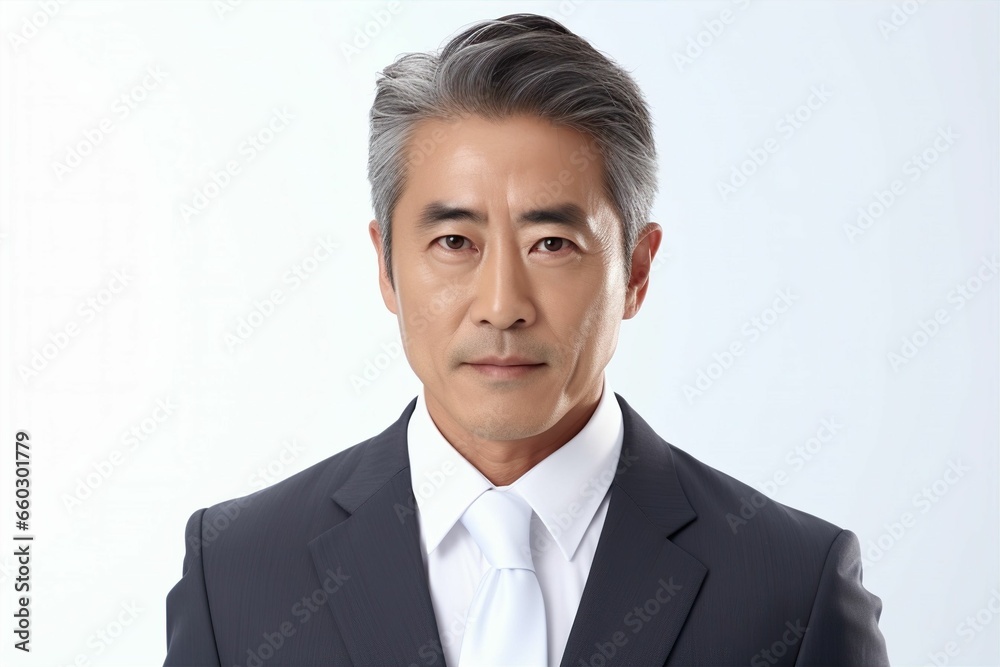正面の日本人の男性シニアビジネスマンのポートレート写真（白背景・サラリーマン・スーツ・年配・社長・課長・部長・役職）