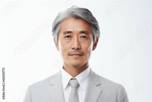 正面の日本人の男性シニアビジネスマンのポートレート写真（白背景・サラリーマン・スーツ・年配・社長・課長・部長・役職）