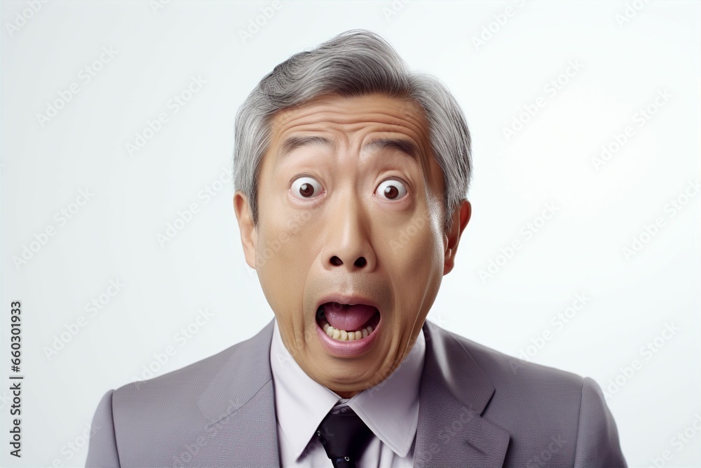 驚いている日本人の男性シニアビジネスマンのポートレート写真(白背景・サラリーマン・スーツ・年配・社長・課長・部長・役職) 驚いている日本人の男性シニアビジネスマンのポートレート写真(白背景・サラリーマン・スーツ・年配・社長・課長・部長・役職)