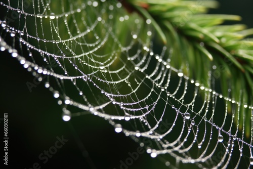 close-up of a glistening cobweb on pine needles