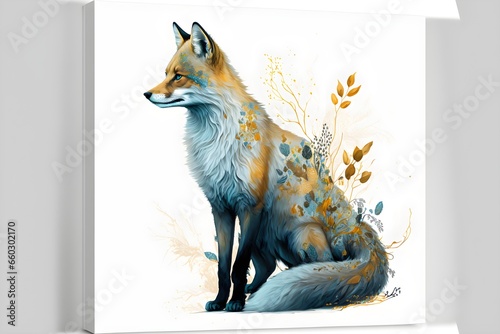 beautiful fox on white background with golden and azzure accents  photo