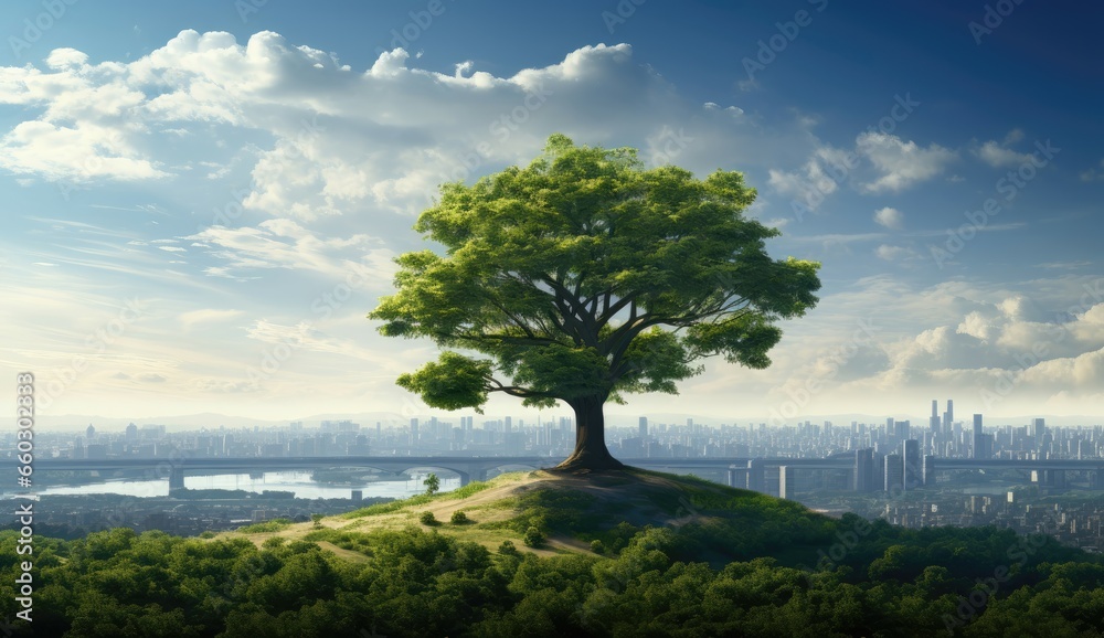 The lone tree against a cityscape. Urbanization and sustainable environment concept. The lone tree against a cityscape. Urbanization and sustainable environment concept.