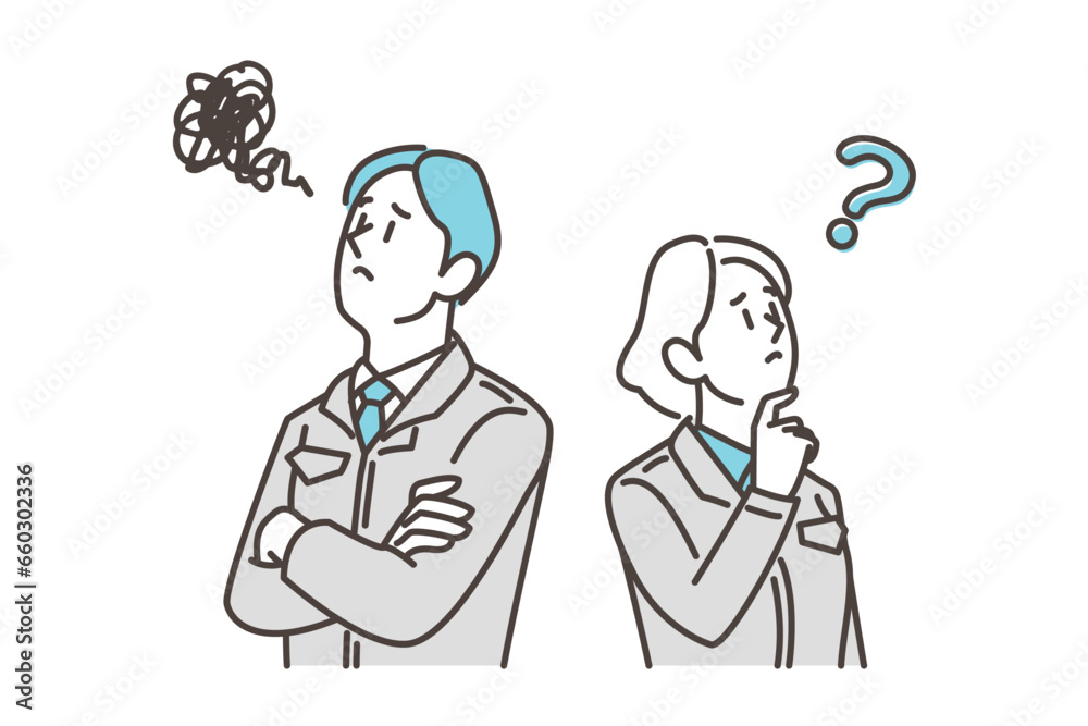 Vector illustration of male and female workers in work clothes with troubled expressions Vector illustration of male and female workers in work clothes with troubled expressions