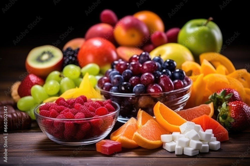 assortment of candy next to fresh fruits