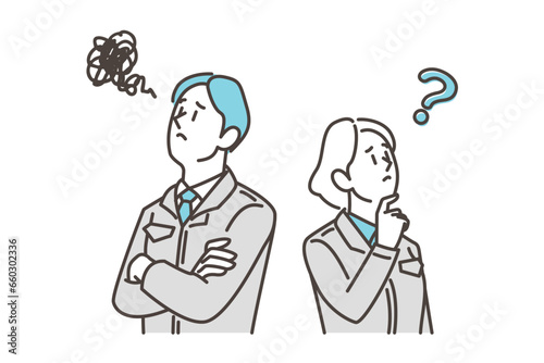 Vector illustration of male and female workers in work clothes with troubled expressions