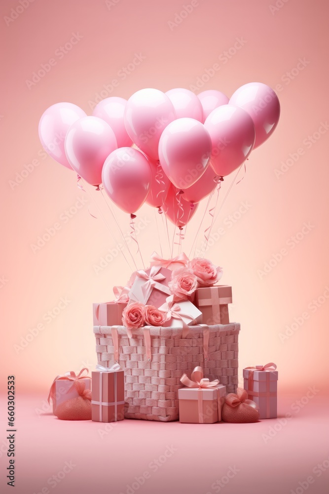 Pink gift boxes with roses and balloons in pink pastel colour, 