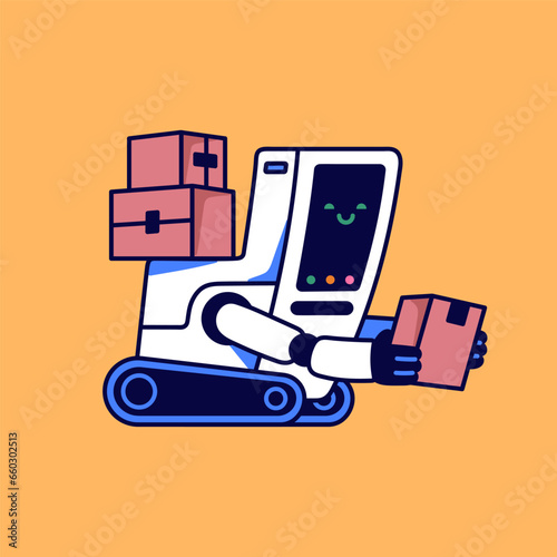 Online delivery service. Cute robot courier carry boxes. Machine deliver send marketplace packages, orders. Digital shopping, ecommerce retail. Logistic AI. Flat isolated vector illustration