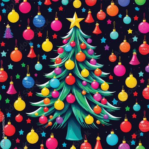 Colorful Christmas tree vibrant bold vivid colors design vector illustrations. Festive Xmas Tree Revelry