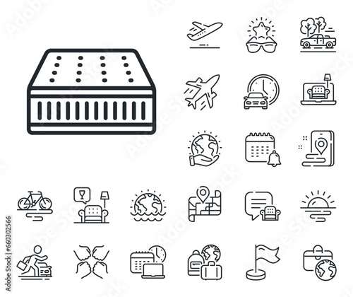 Orthopedic pad sign. Plane jet, travel map and baggage claim outline icons. Mattress line icon. Breathable sleep bed symbol. Mattress line sign. Car rental, taxi transport icon. Place location. Vector