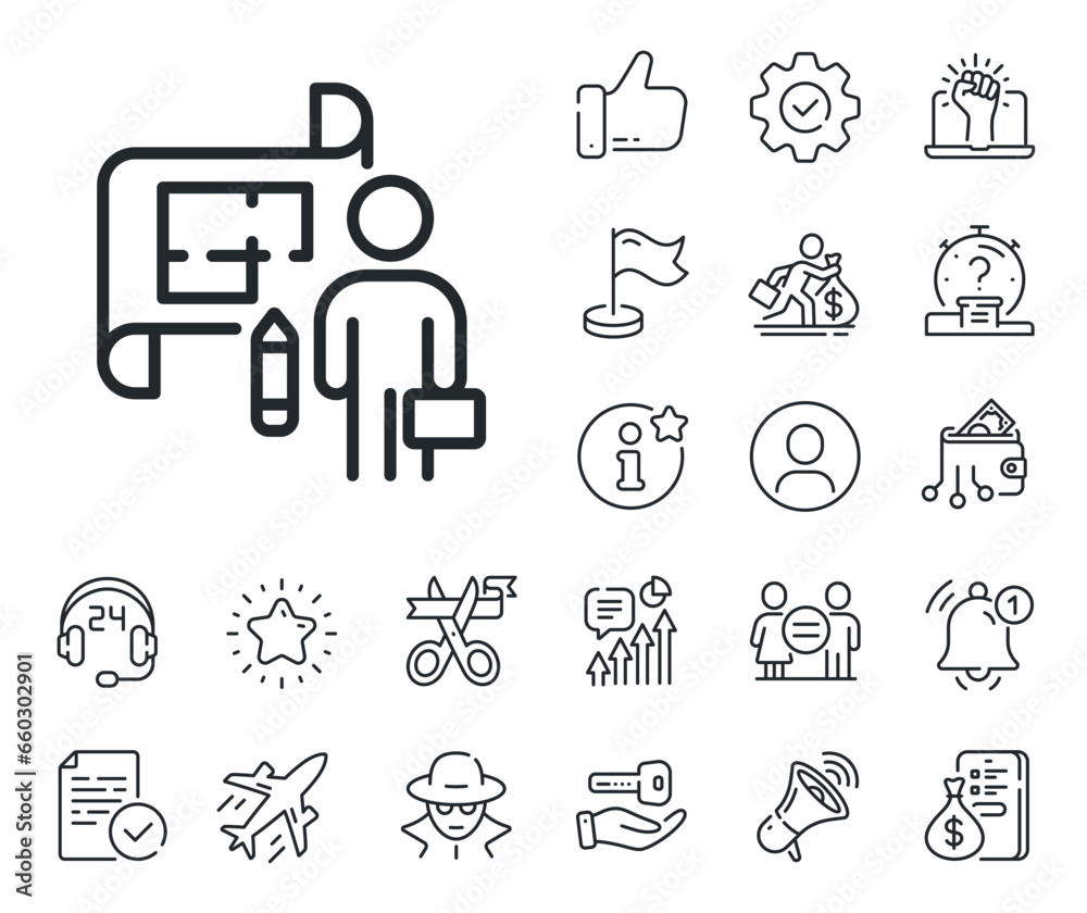 Architect project sign. Salaryman, gender equality and alert bell outline icons. Plan line icon. Architecture design symbol. Plan line sign. Spy or profile placeholder icon. Vector