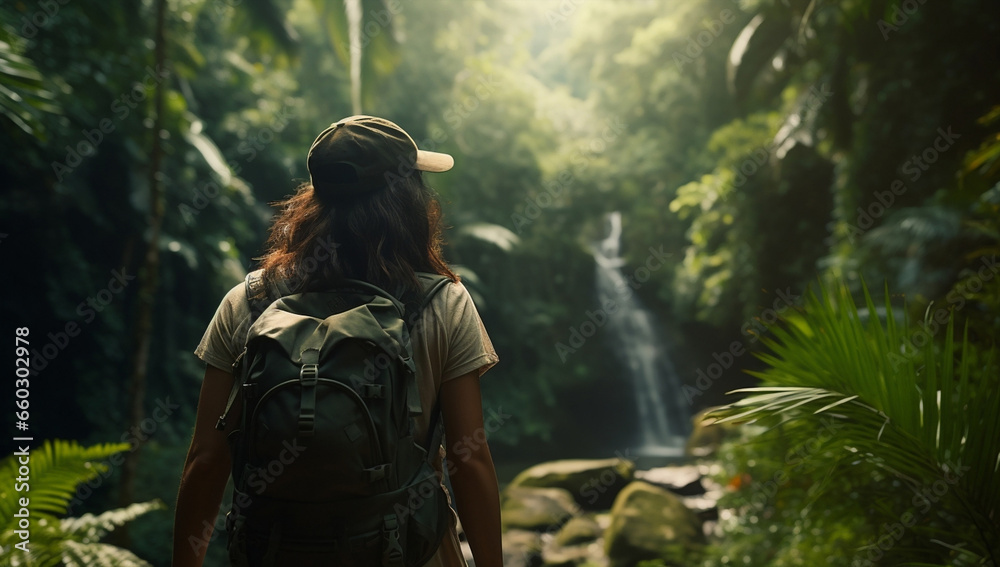 Female woman waterfall beautiful tropical jungle adventure river summer nature person forest traveler