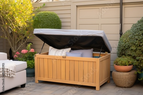 outdoor cushion storage box in patio space