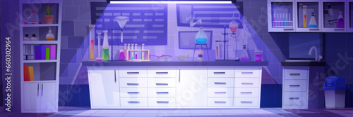 Night chemical laboratory interior with equipment. Vector cartoon illustration of dark lab room with furniture and tools, colorful fluid in flasks, test tubes, beakers, protective glasses on desk