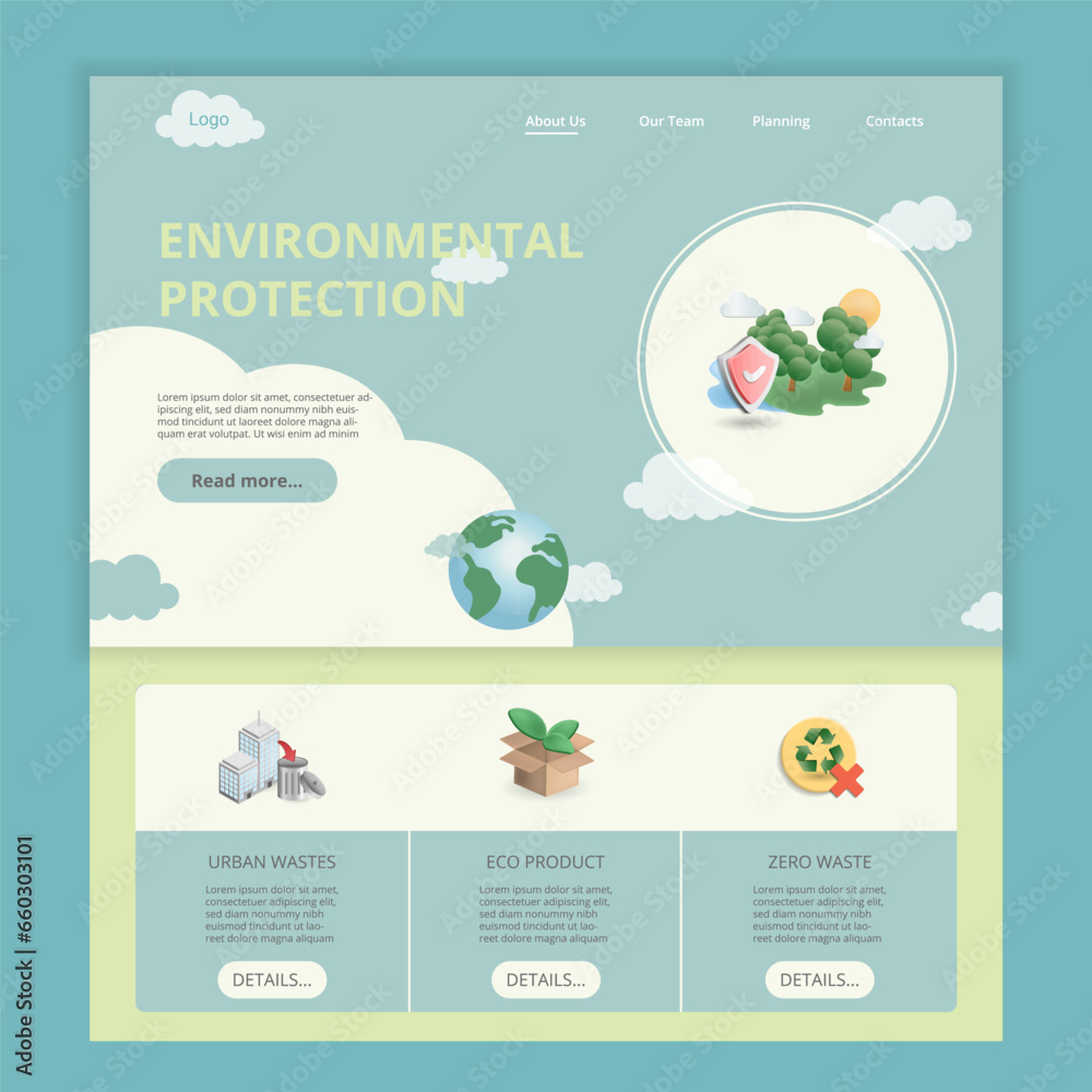 Environmental protection flat landing page website template. Urban wastes, eco product, zero waste. Web banner with header, content and footer. Vector illustration.