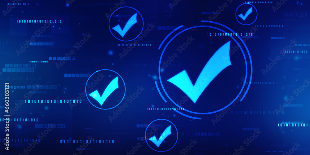 Check Mark on Abstract Blue Backgroud. Quality Control, Guarantee, Checklist, Survey, Compliance Concept, Technology abstract background - obrazy, fototapety, plakaty 
