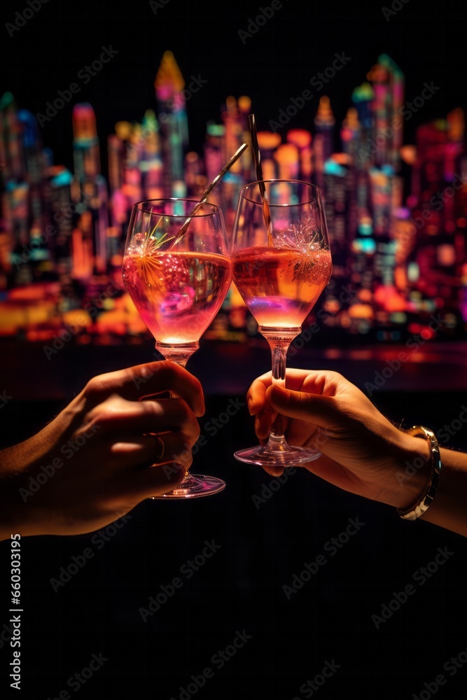  Photo of female and male hands holding glasses with pink  cocktails toasting in the night with colourful  city lights in  the background. 
