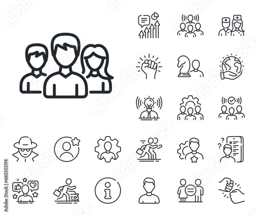Users or Teamwork sign. Specialist, doctor and job competition outline icons. Group line icon. Male and Female Person silhouette symbol. Teamwork line sign. Vector