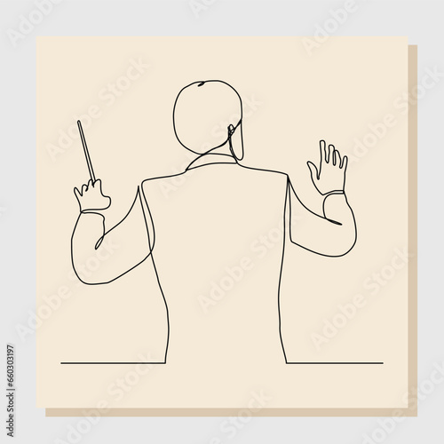 Continuous single line art drawing of music conductor directing concert orchestra performance with stick and notes book. Vector illustration one line sketch of music concept