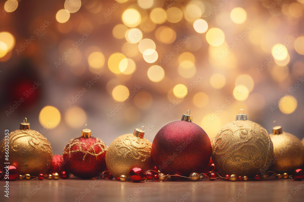 Merry Christmas ornaments. Red and Gold Christmas balls and lights Christmas tree on defocused lights Christmas with bokeh lights and stars. with soft and warm tones. Merry Christmas ornaments. Red and Gold Christmas balls and lights Christmas tree on defocused lights Christmas with bokeh lights and stars. with soft and warm tones.