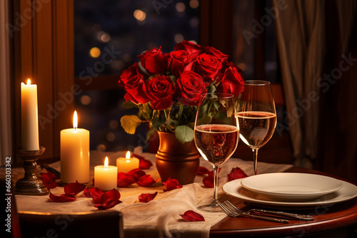 Enchanting Evening  Romantic Dinner Setting Illuminated by Soft Ambient Lighting  Creating Unforgettable Moments