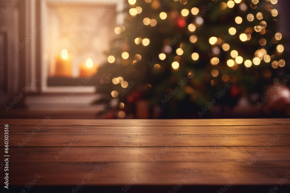 Merry Christmas ornaments. Gold Christmas balls and Christmas gift boxes on a wooden table in front of a decorated fireplace and a Christmas tree. with bokeh lights and stars. copy space