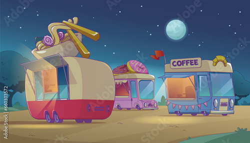Food truck in city park at night. Cartoon vector summer urban landscape with cars selling fastfood and drinks. Cafe with udon noodles, sweet donuts and fresh coffee on wheels under moon light.