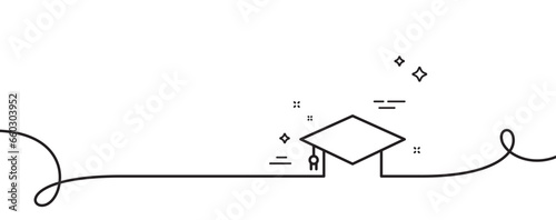 Graduation cap line icon. Continuous one line with curl. Education sign. Student hat symbol. Graduation cap single outline ribbon. Loop curve pattern. Vector