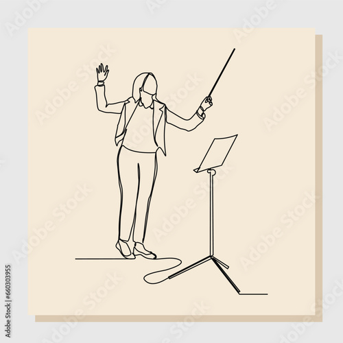 Continuous single line art drawing of music conductor directing concert orchestra performance with stick and notes book. Vector illustration one line sketch of music concept