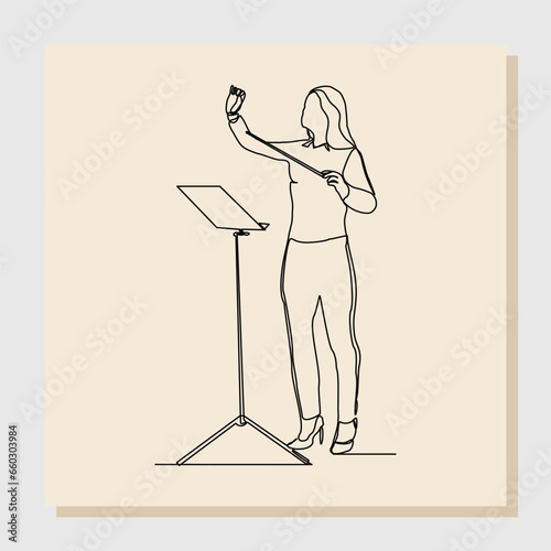 Continuous single line art drawing of music conductor directing concert orchestra performance with stick and notes book. Vector illustration one line sketch of music concept