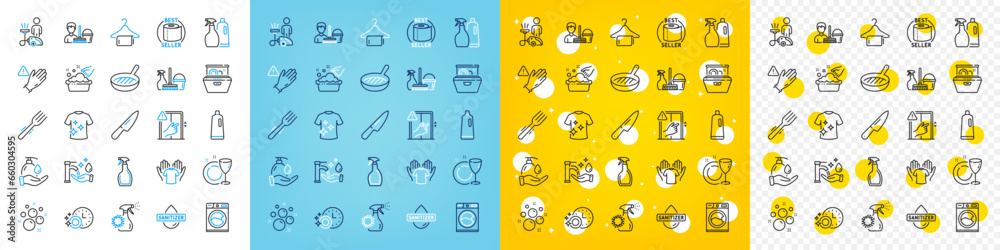 Vector icons set of Dish plate, Washing machine and Clean t-shirt line icons pack for web with Dont touch, Household service, Clean towel outline icon. Grill pan, Washing hands. Vector Vector icons set of Dish plate, Washing machine and Clean t-shirt line icons pack for web with Dont touch, Household service, Clean towel outline icon. Grill pan, Washing hands. Vector