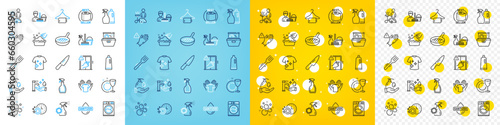 Vector icons set of Dish plate, Washing machine and Clean t-shirt line icons pack for web with Dont touch, Household service, Clean towel outline icon. Grill pan, Washing hands. Vector