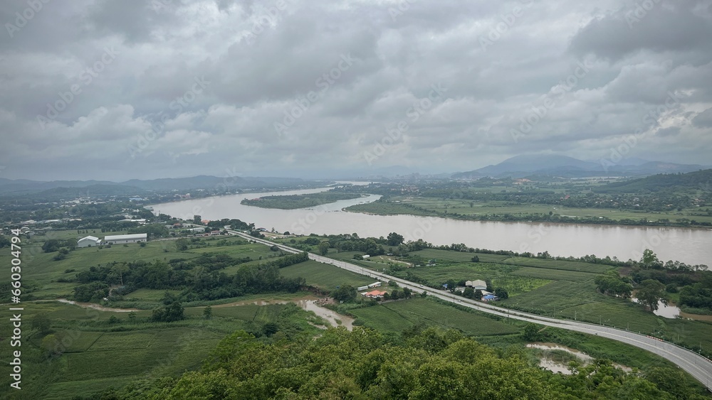 Aerial view of Golden Triangle, Thailand, the confluence of Ruak river and the Mekong river, where converge the borders of Thailand, Laos and Myanmar.