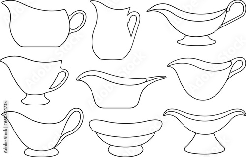 Set of different gravy sauce boats isolated on white