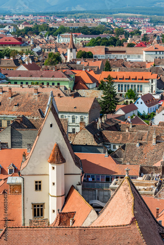 Elevated city perspective from the cathedral tower of the upper town in Sibiu, Central Romania, Transylvania