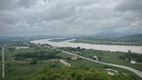 Aerial view of Golden Triangle, Thailand, the confluence of Ruak river and the Mekong river, where converge the borders of Thailand, Laos and Myanmar. photo