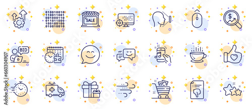 Outline set of Smile chat, Online auction and Market sale line icons for web app. Include Seo, Coffee cup, Grocery basket pictogram icons. Happy emotion, Music phone, Binary code signs. Vector