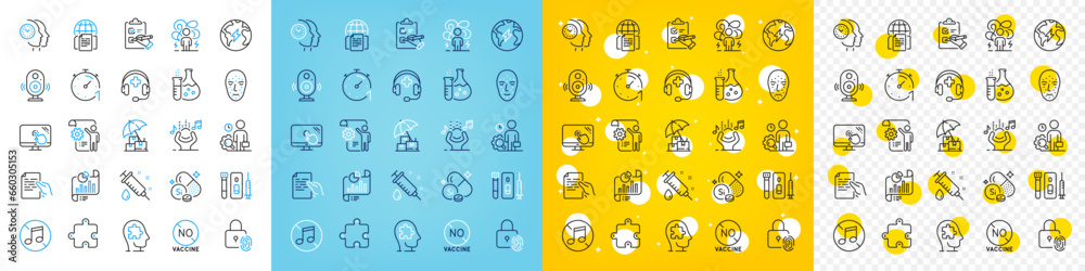 Vector icons set of Medical syringe, Inspect and Hold document line icons pack for web with Touch screen, Fingerprint lock, No music outline icon. Speaker, Settings blueprint. Vector Vector icons set of Medical syringe, Inspect and Hold document line icons pack for web with Touch screen, Fingerprint lock, No music outline icon. Speaker, Settings blueprint. Vector