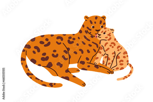 Leopard mother and baby. Wild jungle animal family, cute mom and kid cub. Fun...