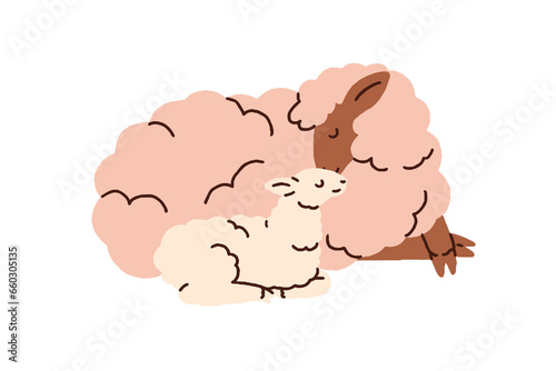 Cute sheep mom and lamb baby lying together. Farm animals family, adorable sweet mother and little cub child. Mommy and kid love and care. Flat vector illustration isolated on white background
