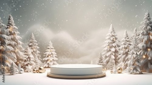 Winter Christmas background with Christmas tree and Stand, podium, pedestal for product presentation, 3d rendering.