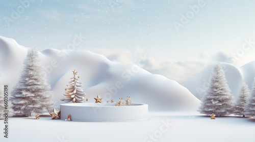 Winter Christmas background with Christmas tree and Stand, podium, pedestal for product presentation, 3d rendering.