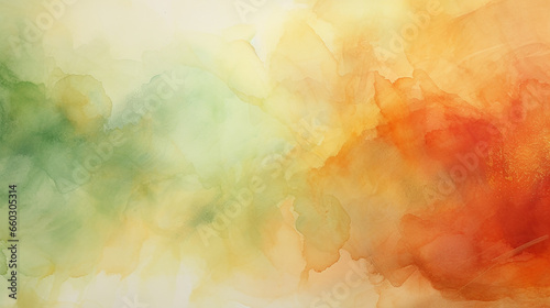 Red, yellow and green watercolor abstract background with round drops and gold glitter photo