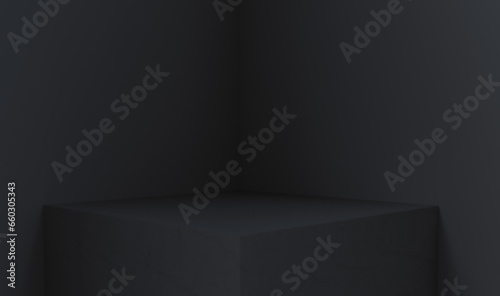 3D rendering of empty space for product display. square pedestal, dark background