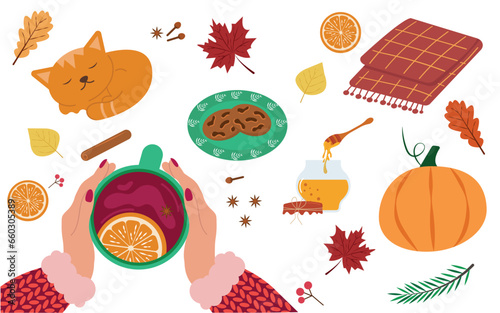 Human hands in a sweater hold a cup of spiced tea. Autumn mood. Autumn plants, food, harvest festival and Thanksgiving attributes.