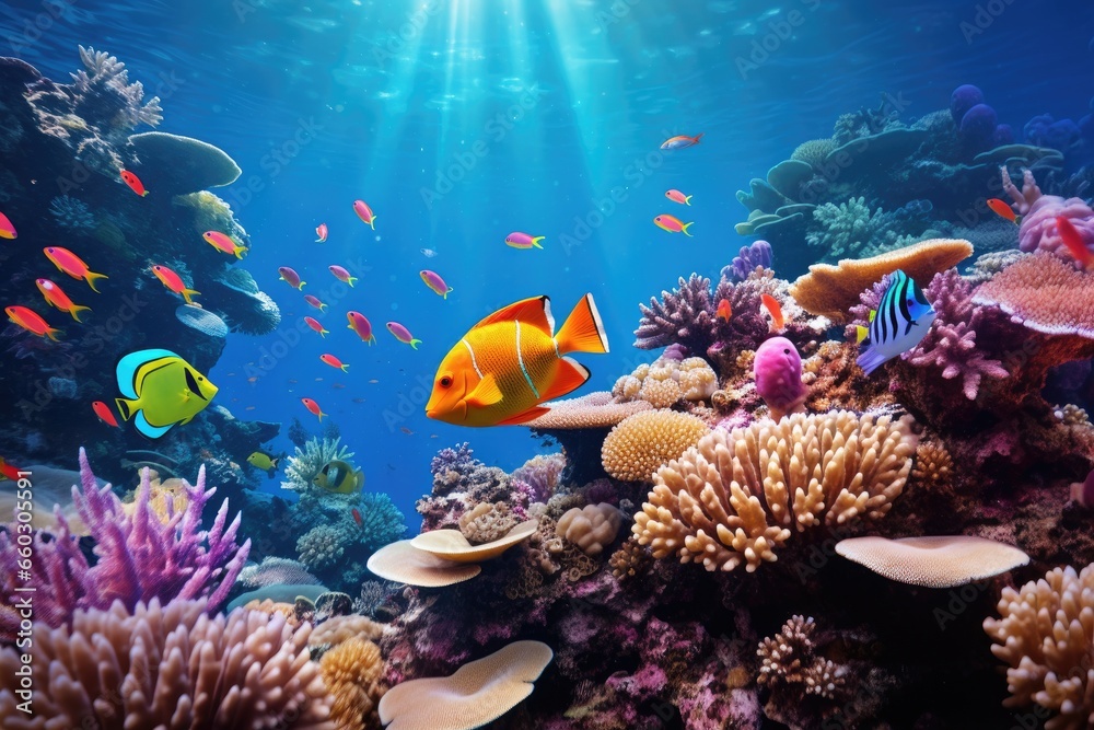 Obraz premium Underwater shot of coral fish, corals and anemones