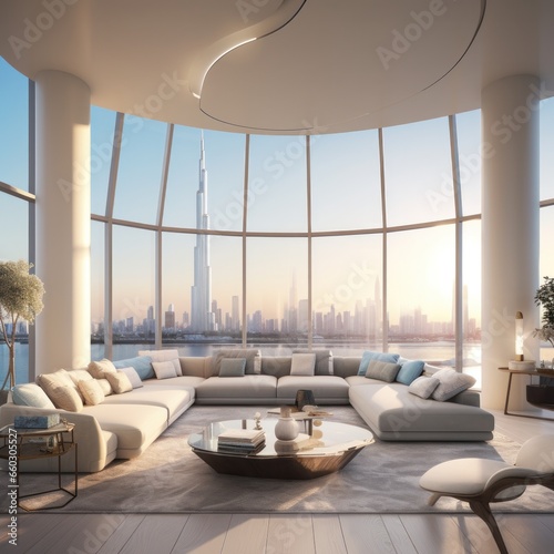 A luxurious sky-inspired living space in dubai, adorned with a spacious couch and loveseat, overlooking the city's bustling streets through grand windows, while plush pillows and sleek furniture deco