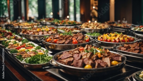 Catering buffet food indoor in restaurant with grilled meat. photo