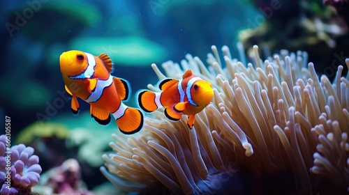 Amphiprion ocellaris clownfish and anemone in sea. photo